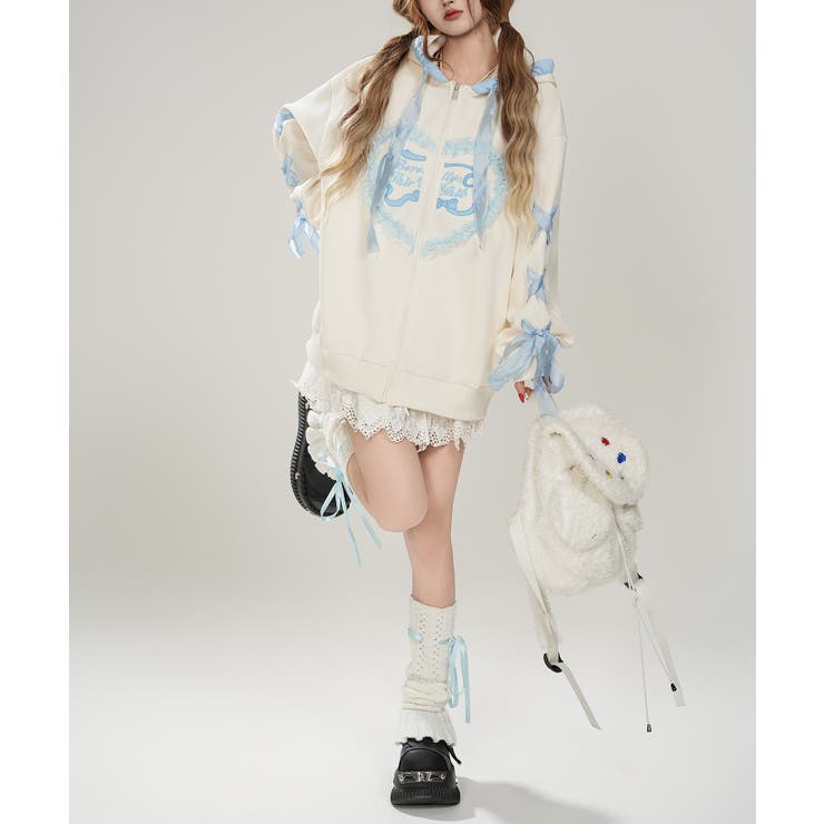 HOOK】for girls リボン編み上げジップパーカー[品番 HOOK】for girls リボン編み上げジップパーカー[品番