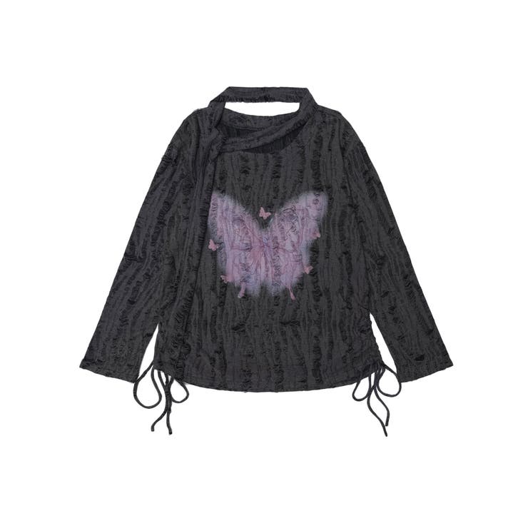 グレー | 【HOOK】for girls バタフライプリントダメージ編み裾シャーリング透か… | HOOK