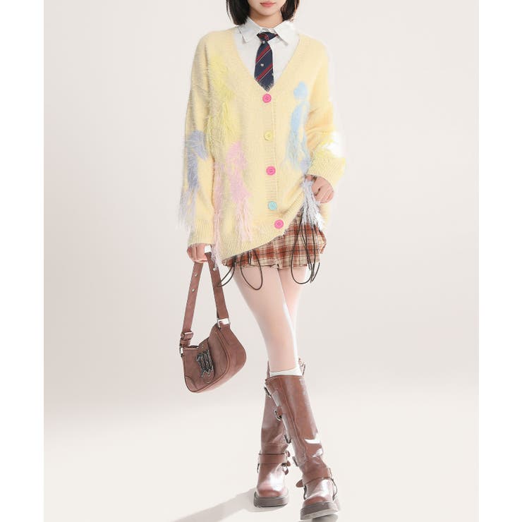 【HOOK】for girls リボンフリンジシャギーカーディガン【AW】