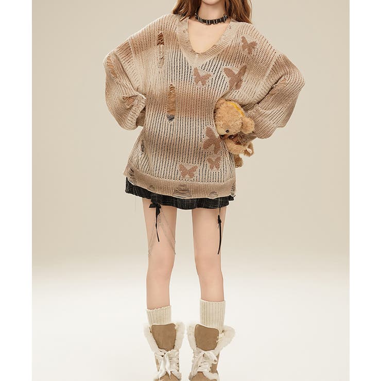 最旬ダウン for girls ぼかしボーダー柄透かし編みニット[品番：XT000011485 トップス