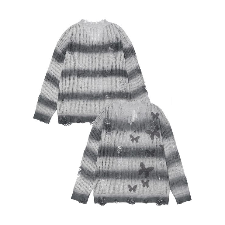 グレー | for girls ぼかしボーダー柄透かし編みニット | HOOK