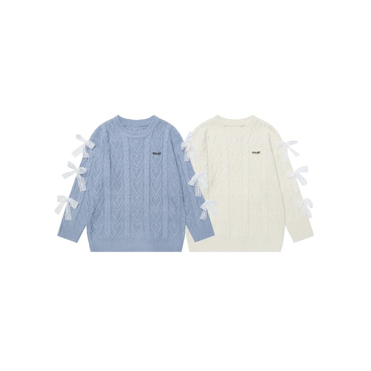 【HOOK】for　girls　袖リボンハートケーブル編みニットプルオーバー for girls 袖リボンハートケーブル編みニットプルオーバー[品番