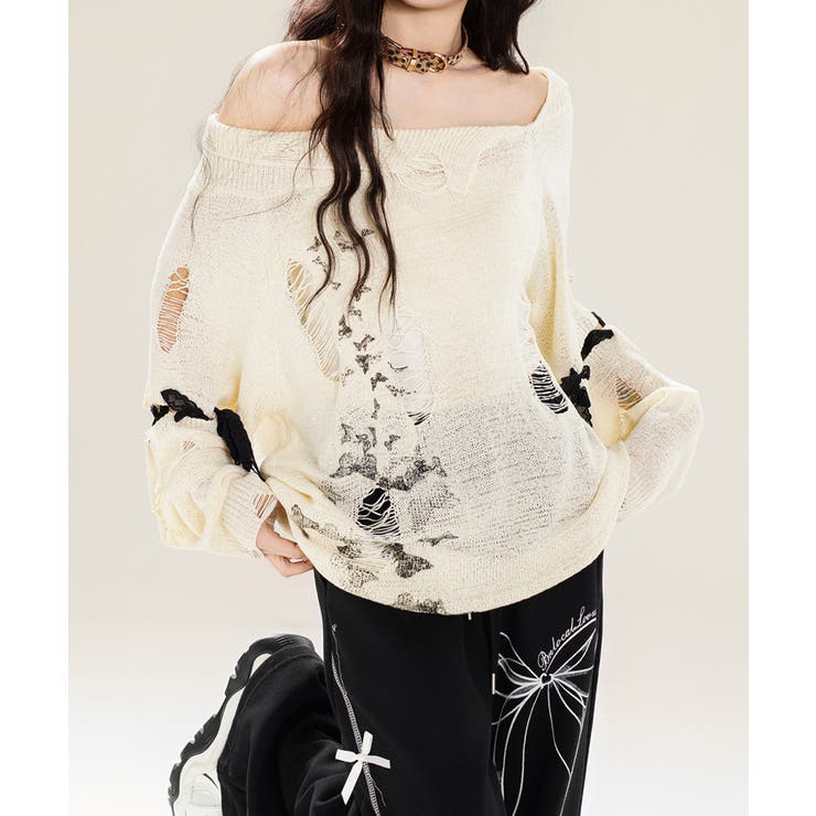 ベージュ | for girls ダメージデザインスプラッシュプリントニットトップス | HOOK