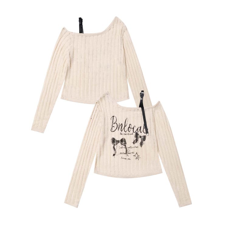 ベージュ | 【HOOK】for girls リボンプリントオープンショルダーニットソー | HOOK