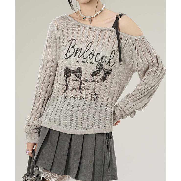 【HOOK】for girls リボンプリントオープンショルダーニットソー | HOOK | 詳細画像18 