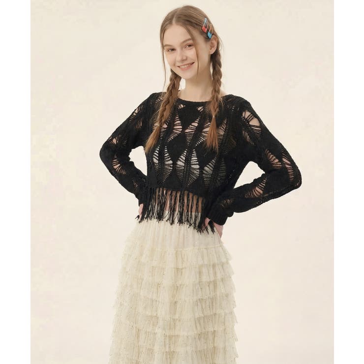 【HOOK】for girls  透かし編みフリンジサマーニット | HOOK | 詳細画像9 