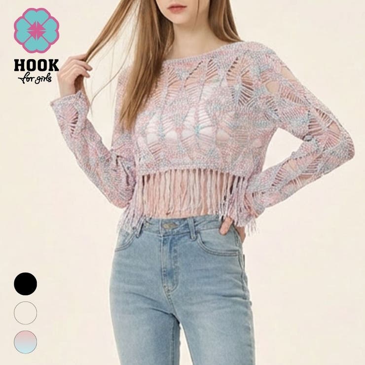 【HOOK】for girls  透かし編みフリンジサマーニット | HOOK | 詳細画像1 