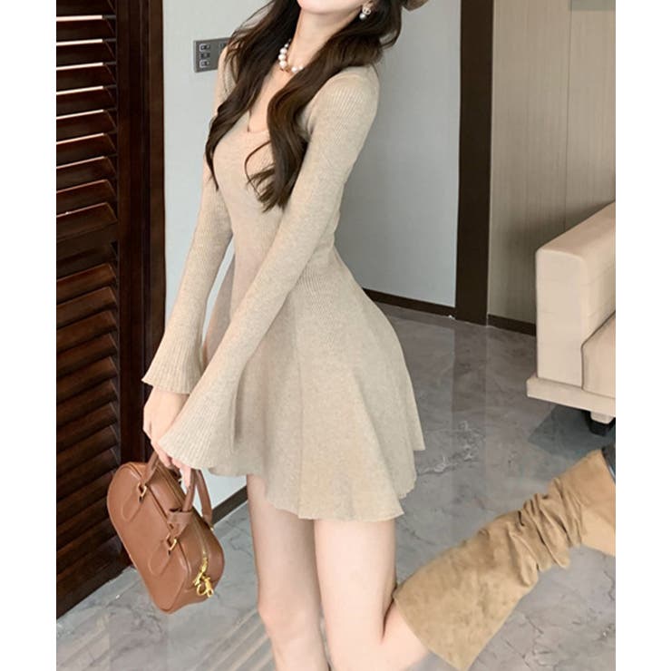 ベージュ | 【Jasmine】ニットフレアミニワンピース Jasmine Grandiflo… | aimoha 