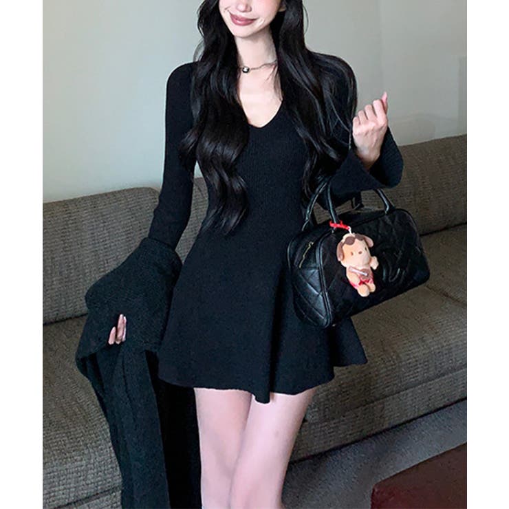 ブラック | 【Jasmine】ニットフレアミニワンピース Jasmine Grandiflo… | aimoha 