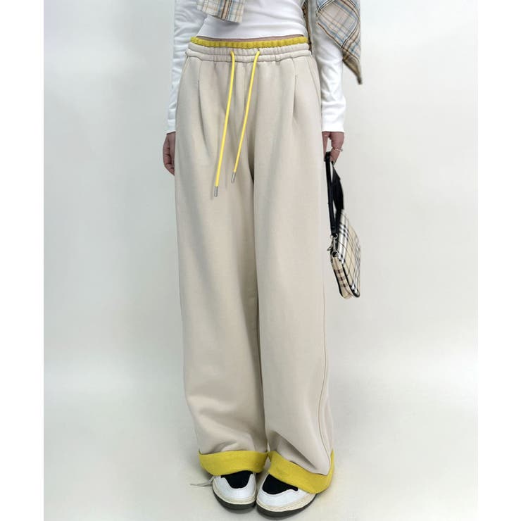 ベージュ | 配色アクセントカラーワイドパンツ | aimoha 