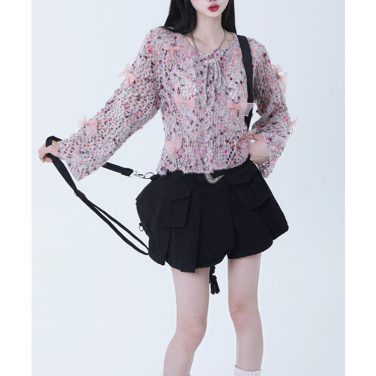 ピンク | 【HOOK】for girls シフォンリボンたっぷり透かしモヘアカーディガン | HOOK