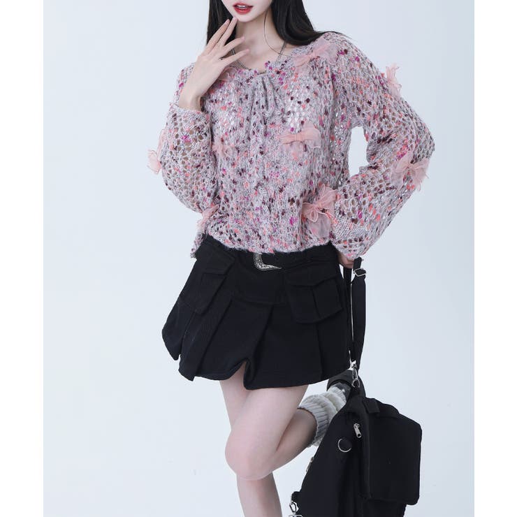 【HOOK】for girls シフォンリボンたっぷり透かしモヘアカーディガン | HOOK | 詳細画像6 