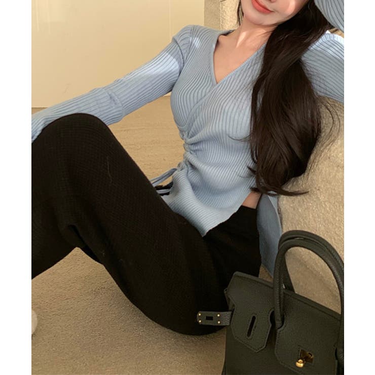 ニット Vネックウエストギャザーリボンニットトップス 韓国ファッション | aimoha  | 詳細画像16 