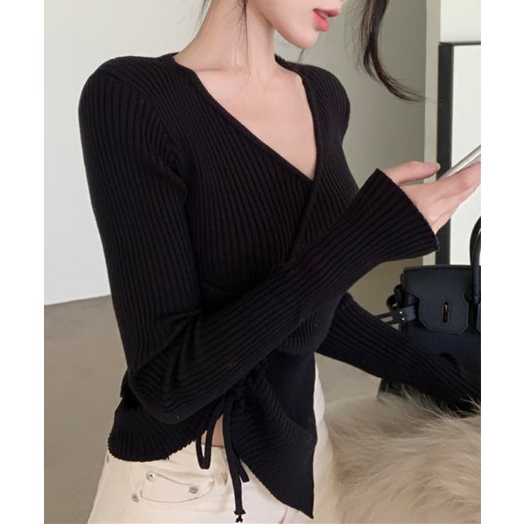 ニット Vネックウエストギャザーリボンニットトップス 韓国ファッション | aimoha  | 詳細画像18 