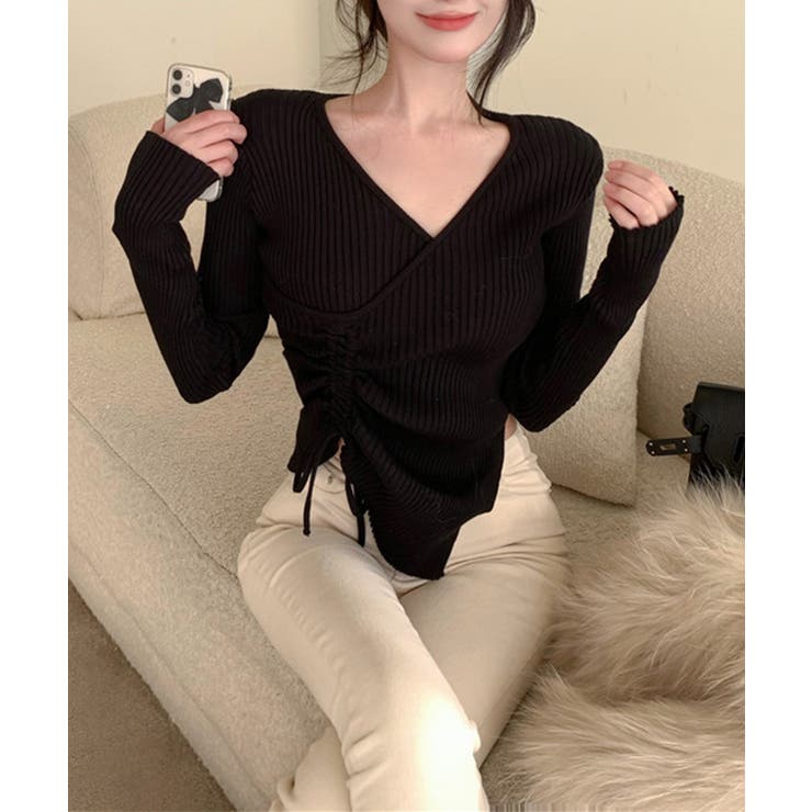 ニット Vネックウエストギャザーリボンニットトップス 韓国ファッション | aimoha  | 詳細画像19 