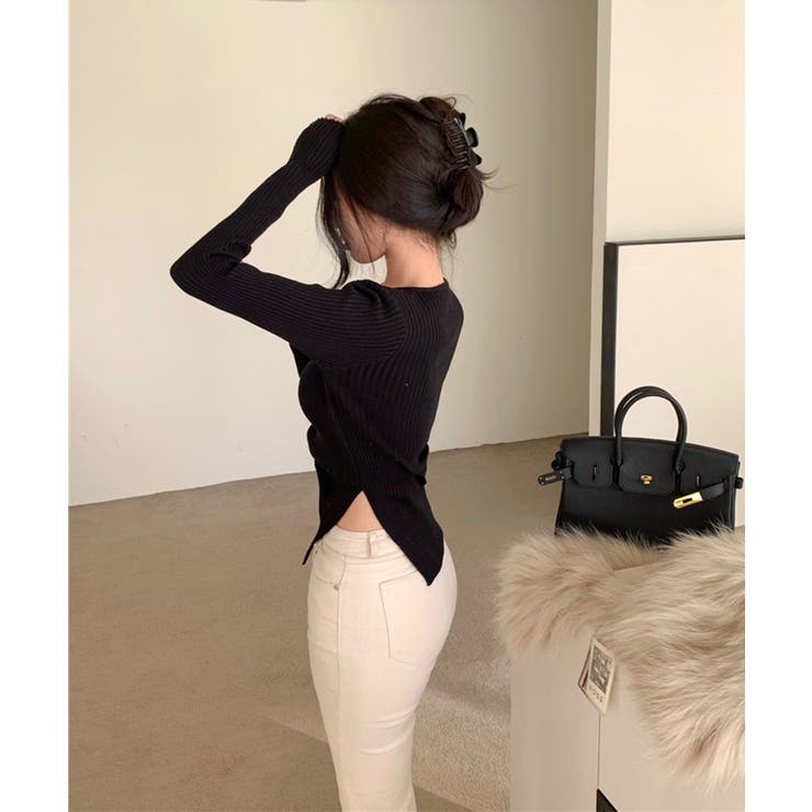 ニット Vネックウエストギャザーリボンニットトップス 韓国ファッション | aimoha  | 詳細画像23 