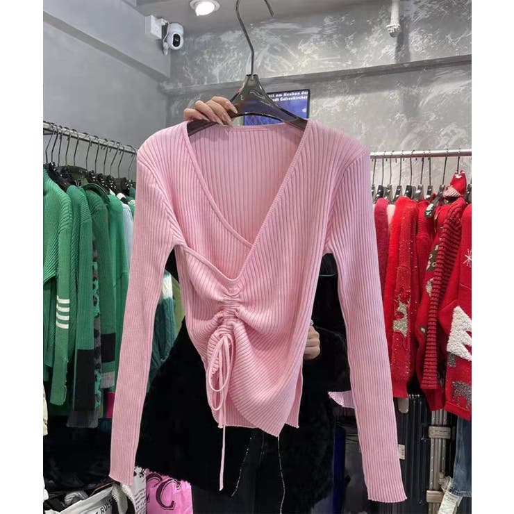 ニット Vネックウエストギャザーリボンニットトップス 韓国ファッション | aimoha  | 詳細画像24 