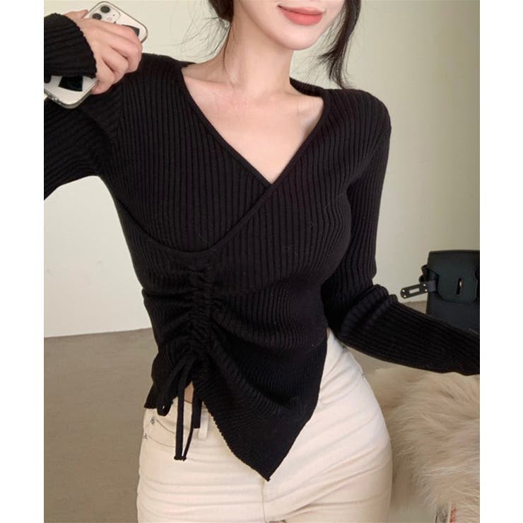 ブラック | ニット Vネックウエストギャザーリボンニットトップス 韓国ファッション | aimoha 