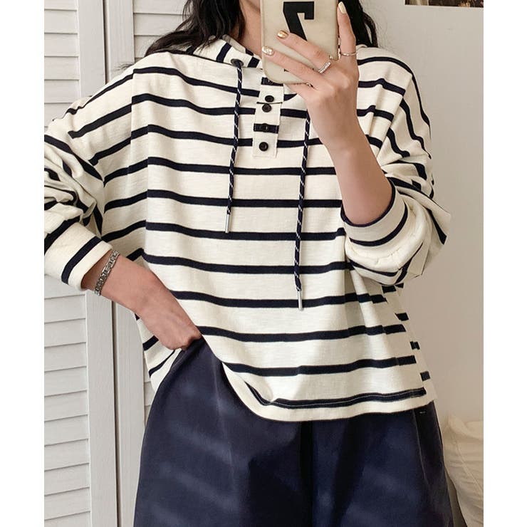 ブラック | ボーダーフード付きトップス | aimoha 