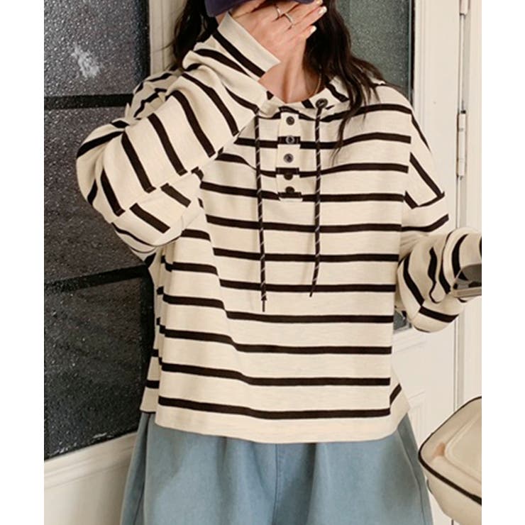 ボーダーフード付きトップス | aimoha  | 詳細画像4 