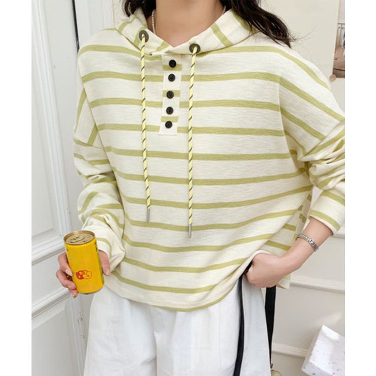 グリーン | ボーダーフード付きトップス | aimoha 