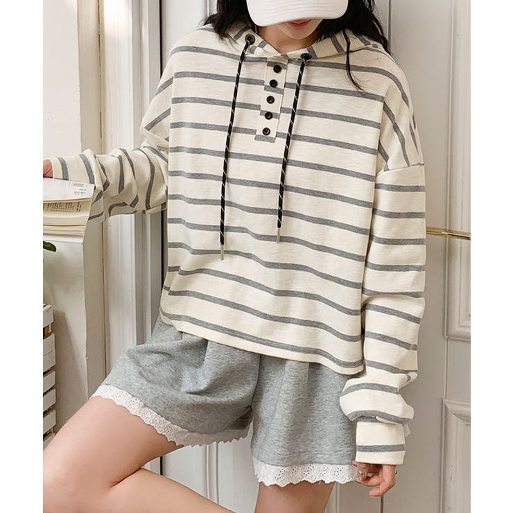 グレー | ボーダーフード付きトップス | aimoha 