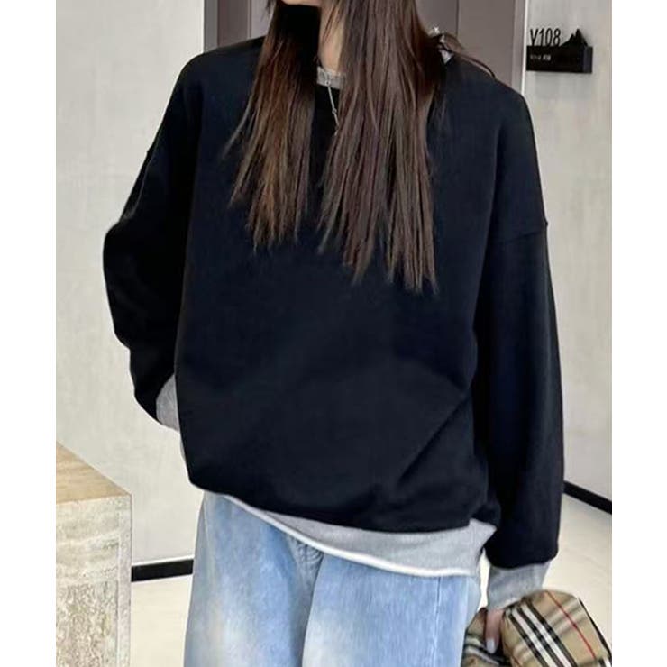 ブラック | シンプル配色ロングスリーブトップス | aimoha 