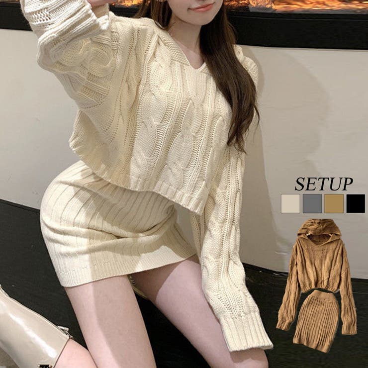 ニットパーカートップス＆ニットミニスカートセットアップ 韓国