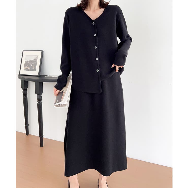 ブラック | フェイクボタン付きトップスセットアップ | aimoha 