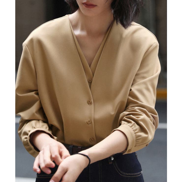 カシュクール風 Vネック フェイクレイヤードシャツ | aimoha  | 詳細画像1 