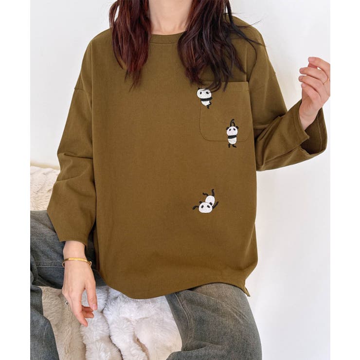 パンダ刺繍ロングスリーブTシャツ[品番：XT000013061]｜aimoha