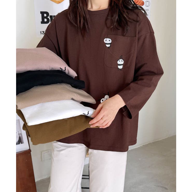 パンダ刺繍ロングスリーブTシャツ[品番：XT000013061]｜aimoha