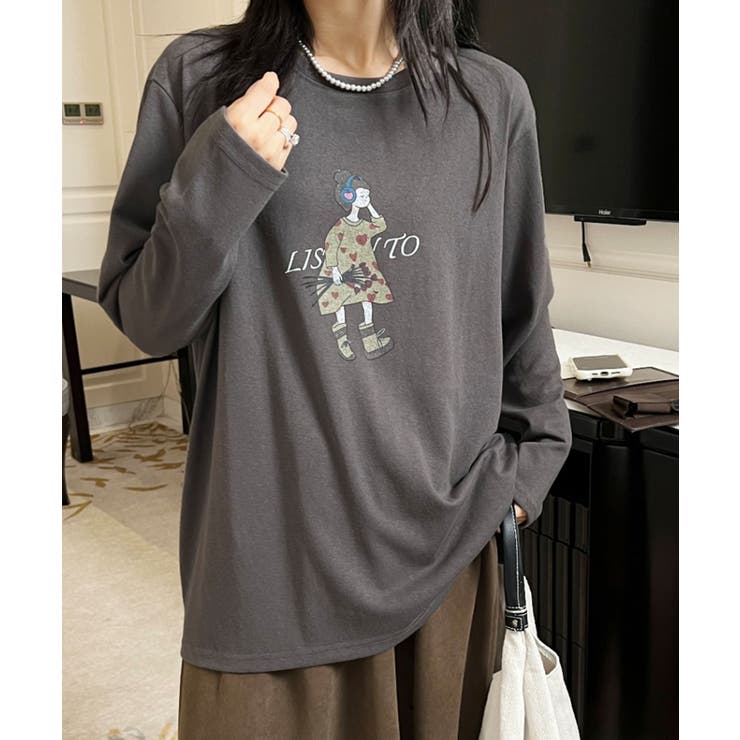 ダークグレー | イラストプリントロングスリーブTシャツ | aimoha 