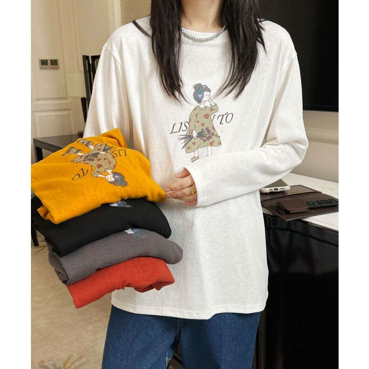 ホワイト | イラストプリントロングスリーブTシャツ | aimoha 