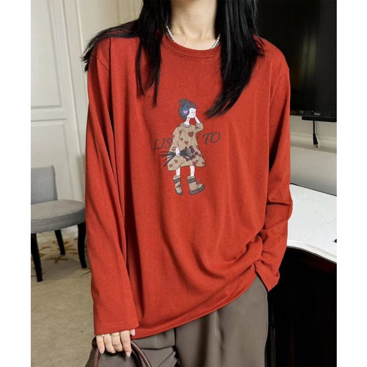 オレンジ | イラストプリントロングスリーブTシャツ | aimoha 