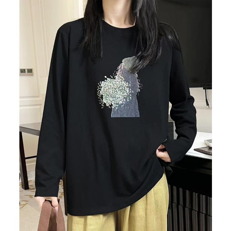 ブラック | プリントカジュアルロングスリーブTシャツ | aimoha 