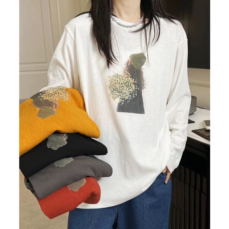 ホワイト | プリントカジュアルロングスリーブTシャツ | aimoha 