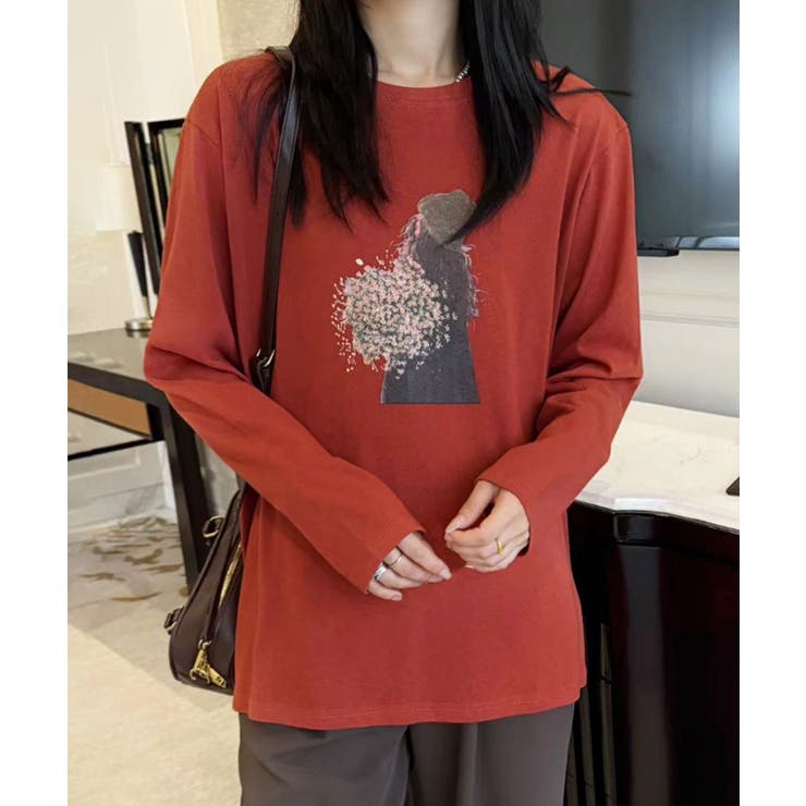 オレンジ | プリントカジュアルロングスリーブTシャツ | aimoha 