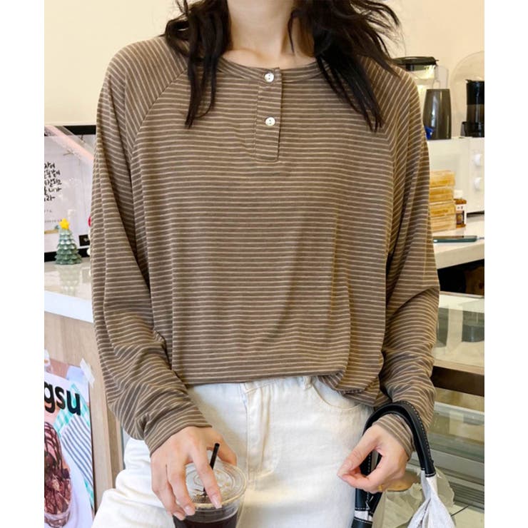 モカ | ボーダーヘンリーネック長袖Tシャツ | aimoha 