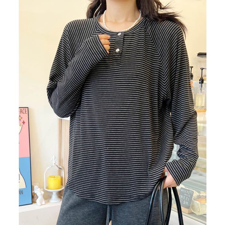 ブラック | ボーダーヘンリーネック長袖Tシャツ | aimoha 