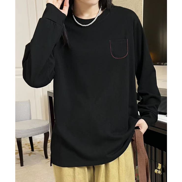 ブラック | ポケット付きシンプルロングスリーブTシャツ | aimoha 