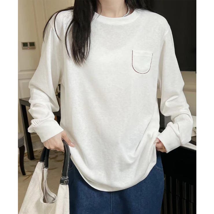 ホワイト | ポケット付きシンプルロングスリーブTシャツ | aimoha 