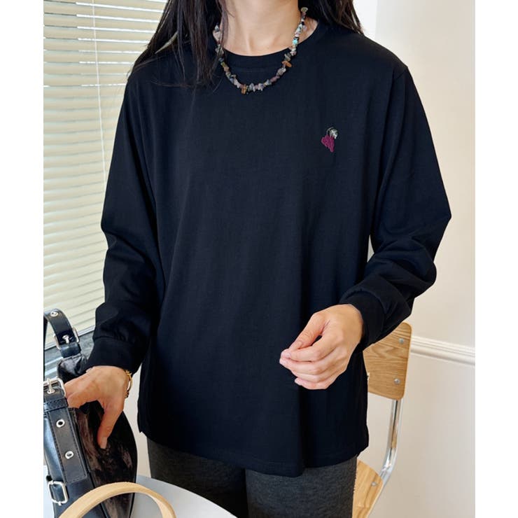 ブラック | ポイント刺繍ロングスリーブTシャツ | aimoha 