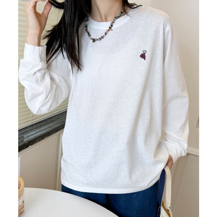ホワイト | ポイント刺繍ロングスリーブTシャツ | aimoha 