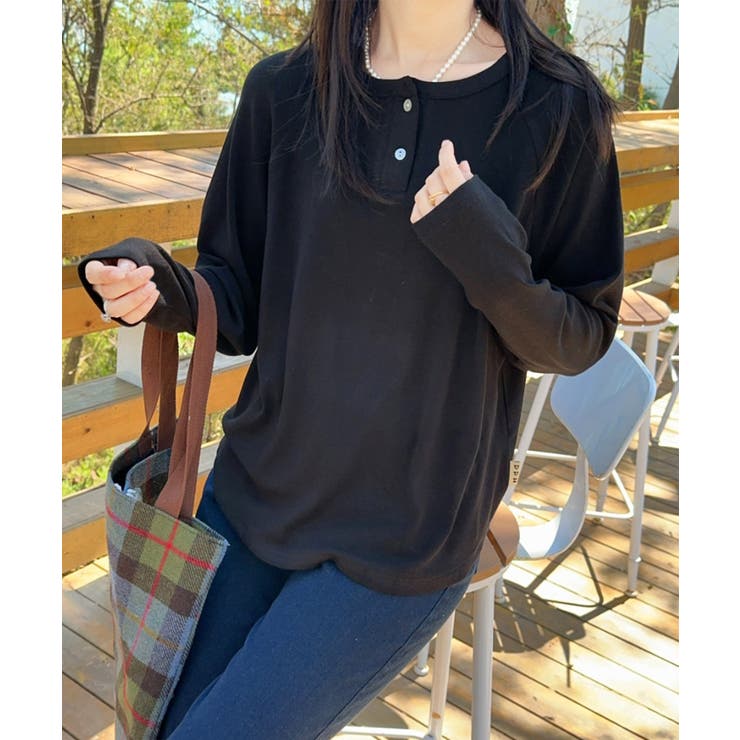 ブラック | ヘンリーネック長袖Tシャツ | aimoha 