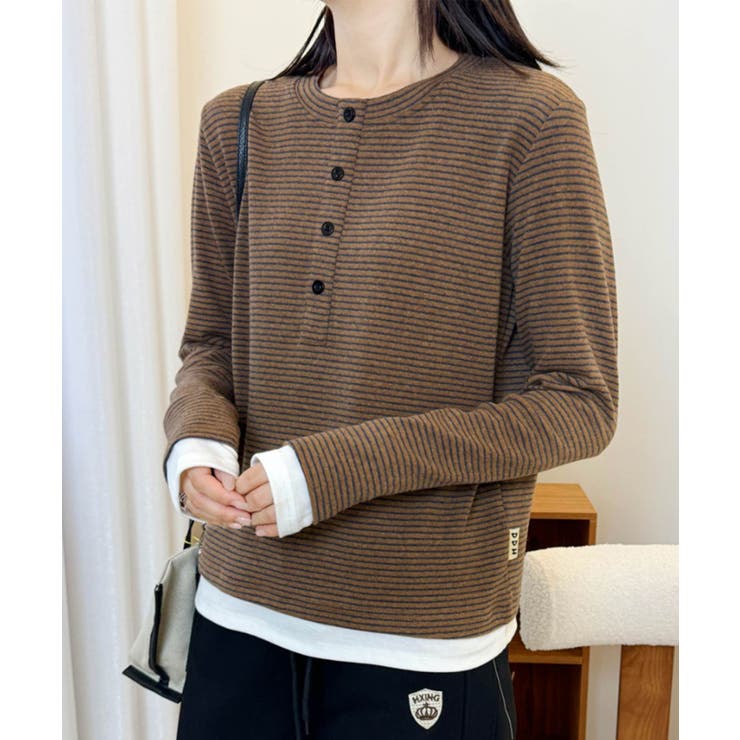 ヘンリーネックボーダー長袖Tシャツ[品番：XT000013071]｜aimoha