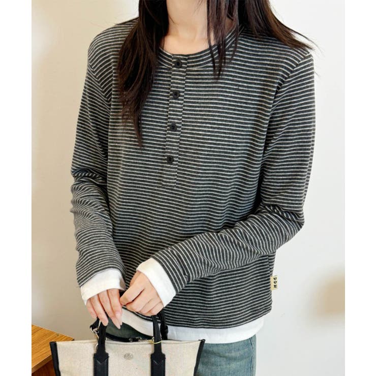 ブラック | ヘンリーネックボーダー長袖Tシャツ | aimoha 