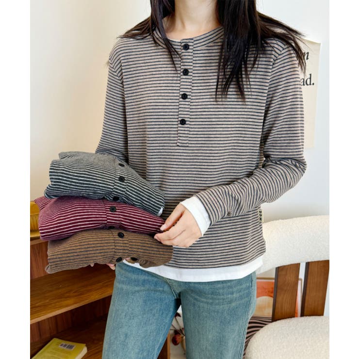 ベージュ | ヘンリーネックボーダー長袖Tシャツ | aimoha 