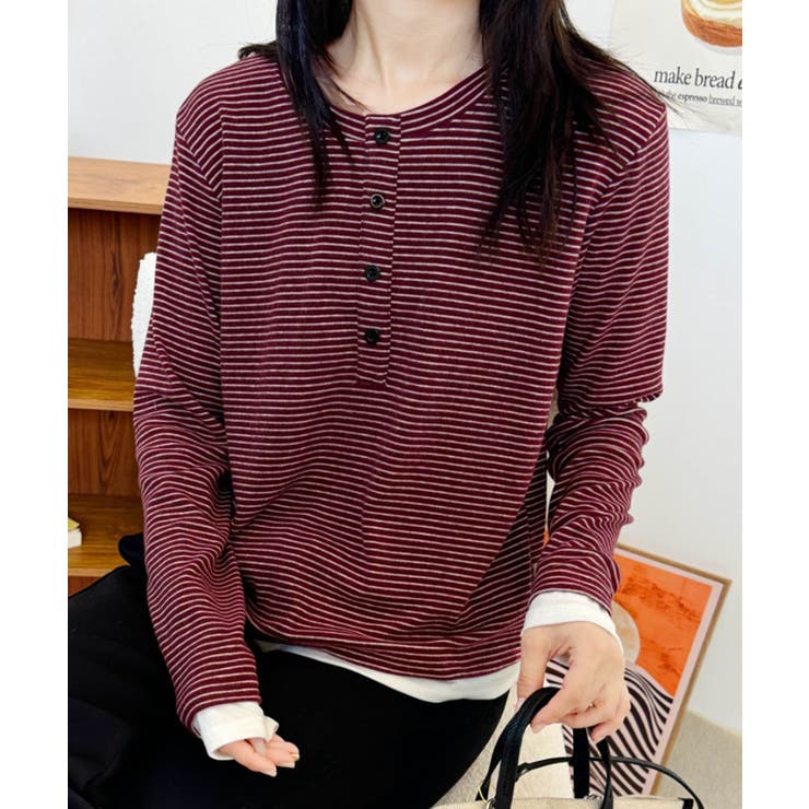 ワインレッド | ヘンリーネックボーダー長袖Tシャツ | aimoha 