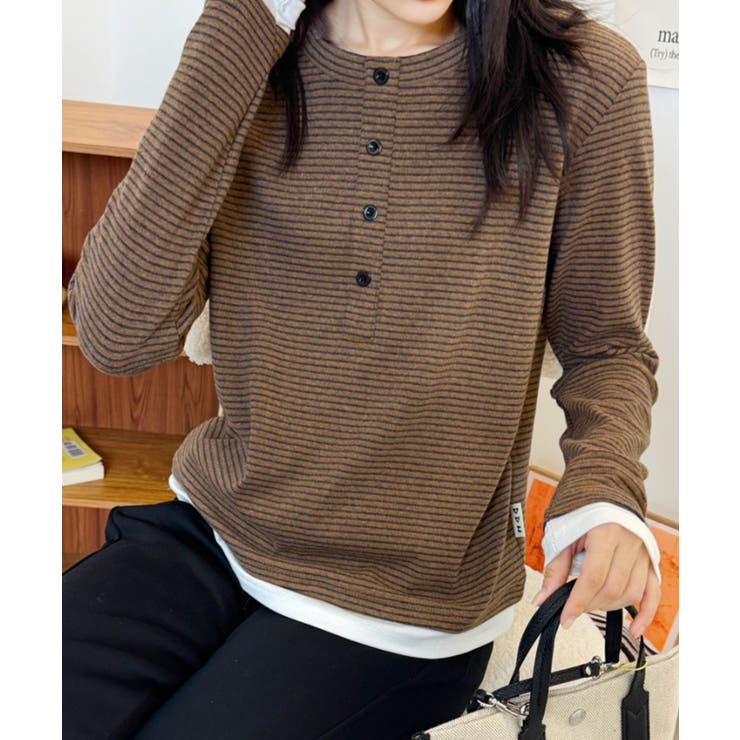 ヘンリーネックボーダー長袖Tシャツ | aimoha  | 詳細画像1 